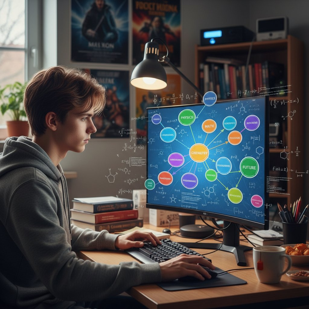 Nastoletni uczeń z Polski siedzi przy komputerze, ekran rozświetlony kolorowymi wzorami i mapą myśli