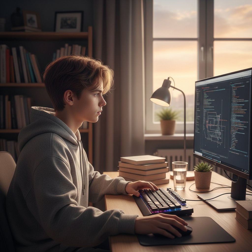 Nastolatek przygotowujący stanowisko do nauki, uporządkowane biurko, komputer, spokojny wyraz twarzy