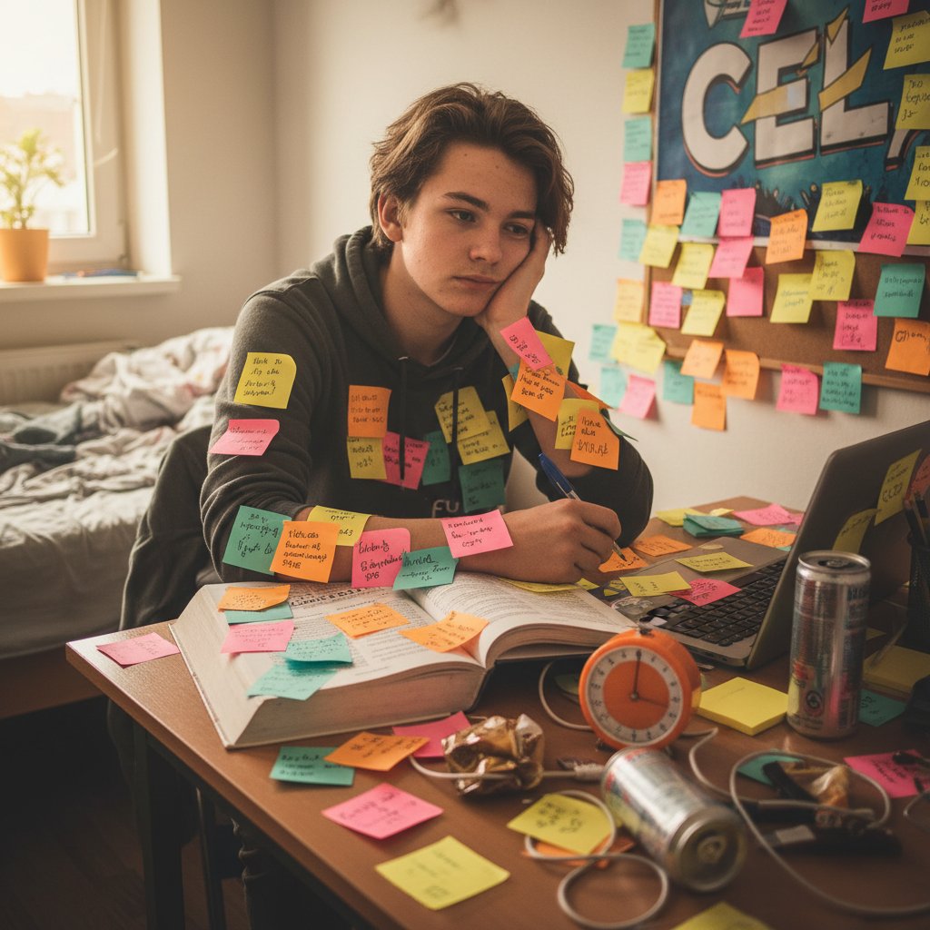 Nastolatka ucząca się z korepetytorem online, skupiona przy laptopie, otoczona kolorowymi karteczkami i timerem