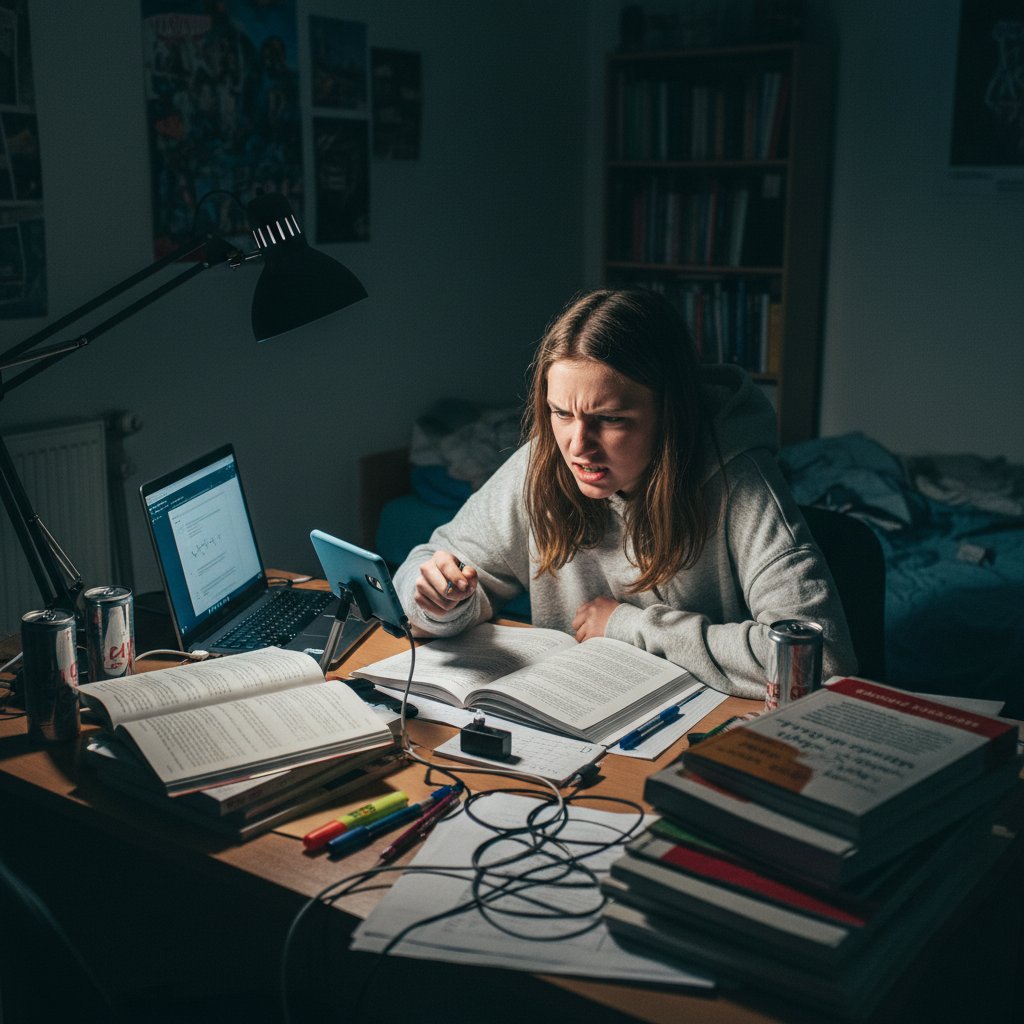 Uczeń zmagający się z nauką do sprawdzianu przy biurku, stres, notatki, książki, telefon, noc