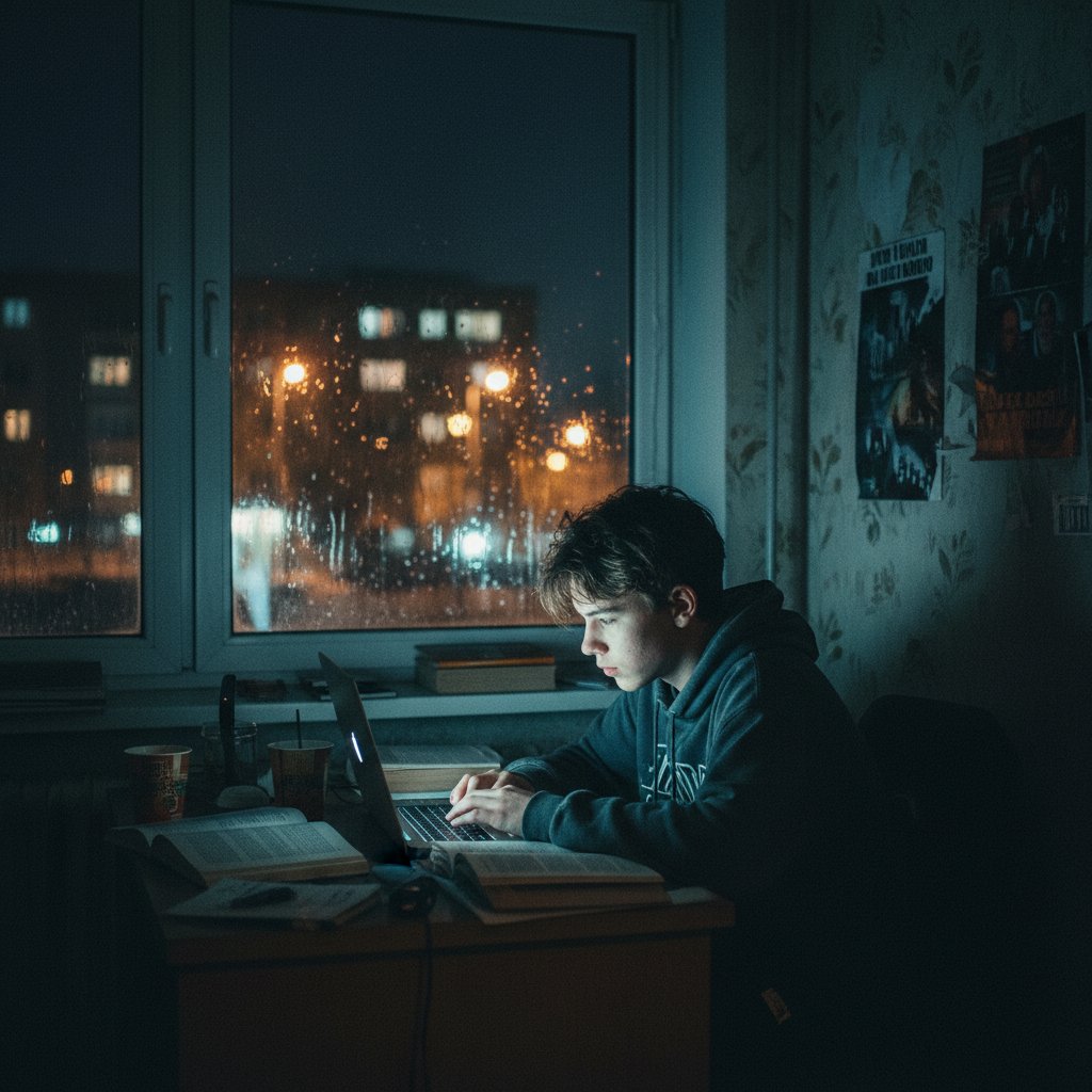 Nastolatek uczy się przy laptopie w nocy, tanie korepetycje online, notatki, miasto za oknem