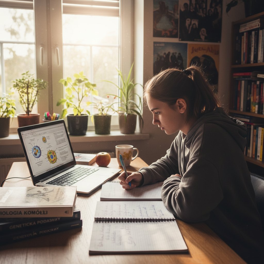 Polski nastolatek samotnie uczący się biologii przy biurku, skupiony na notatkach i laptopie, symbolizujący wyzwania samodyscypliny