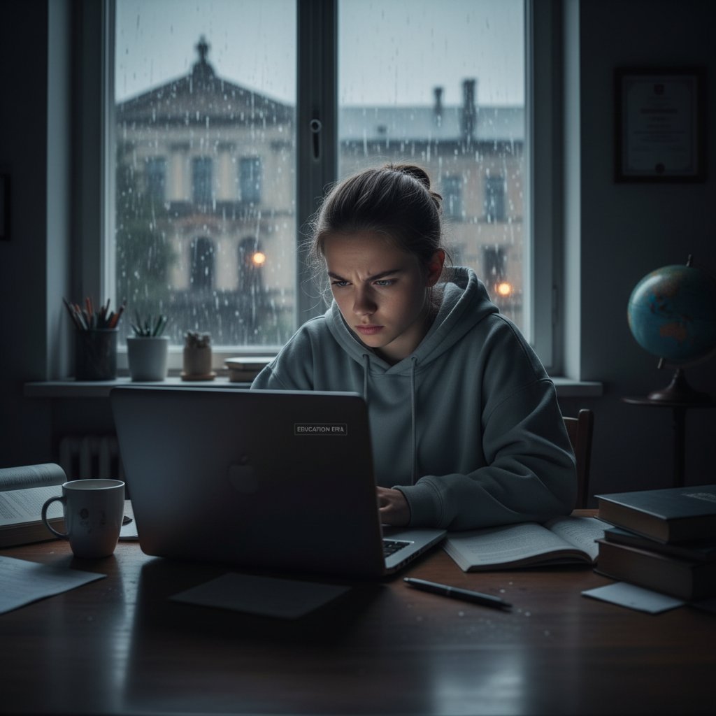 Nastoletni uczeń uczy się w pojedynkę, skupiony na ekranie laptopa, refleksyjny klimat, nowa era edukacji