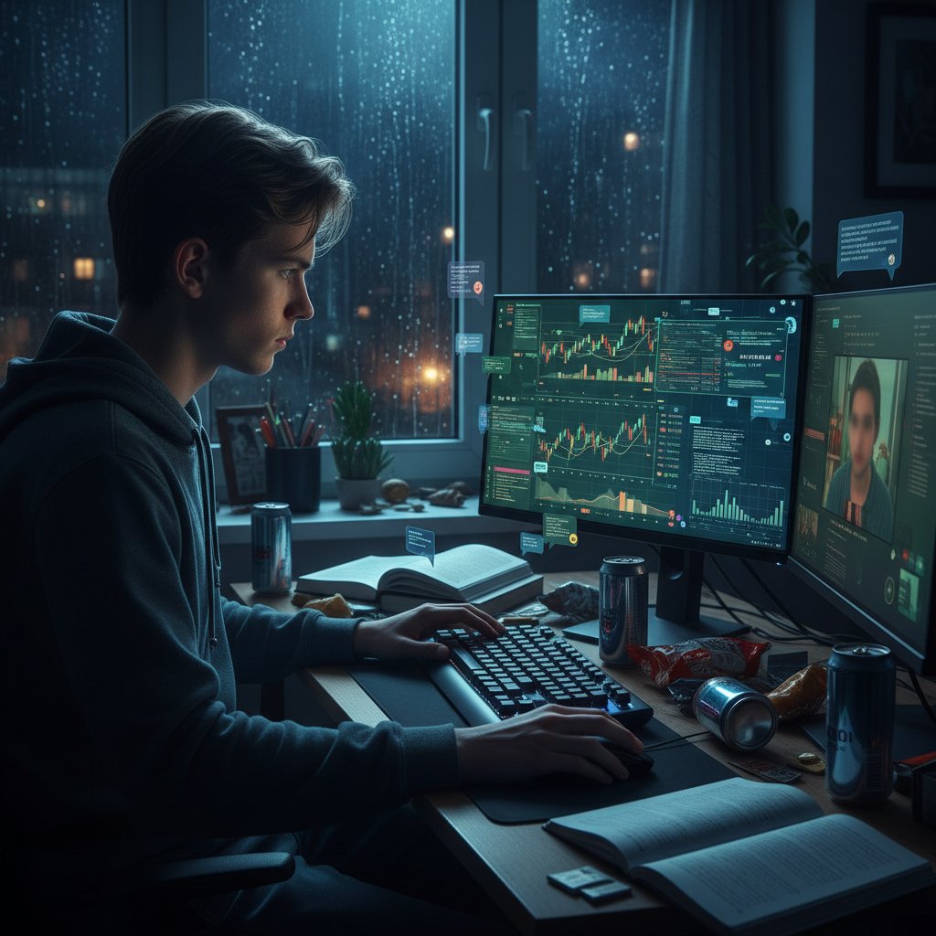 Nastolatek uczy się przy komputerze w nocy, ekrany z wykresami i wiadomościami, klimat intensywny, edukacja online