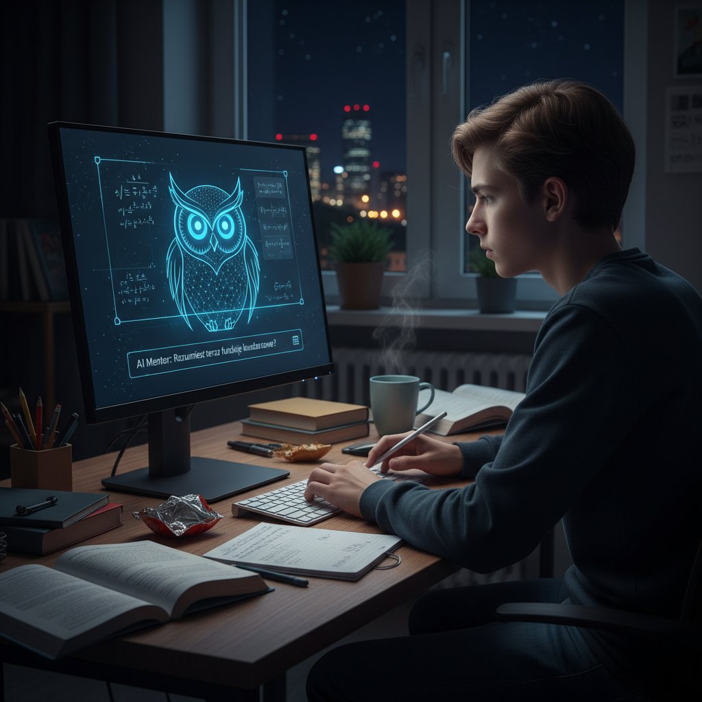 Nastolatek siedzący przy biurku z laptopem, korzysta z darmowego korepetytora online, ekran komputera rozświetla twarz, wokół książki i notatki, atmosfera skupienia