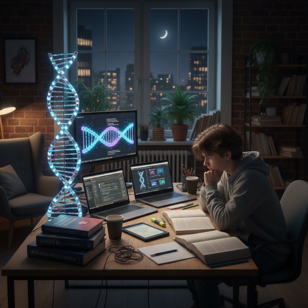 Nastolatek uczy się biologii online przy komputerze, książki i ekran z DNA w tle