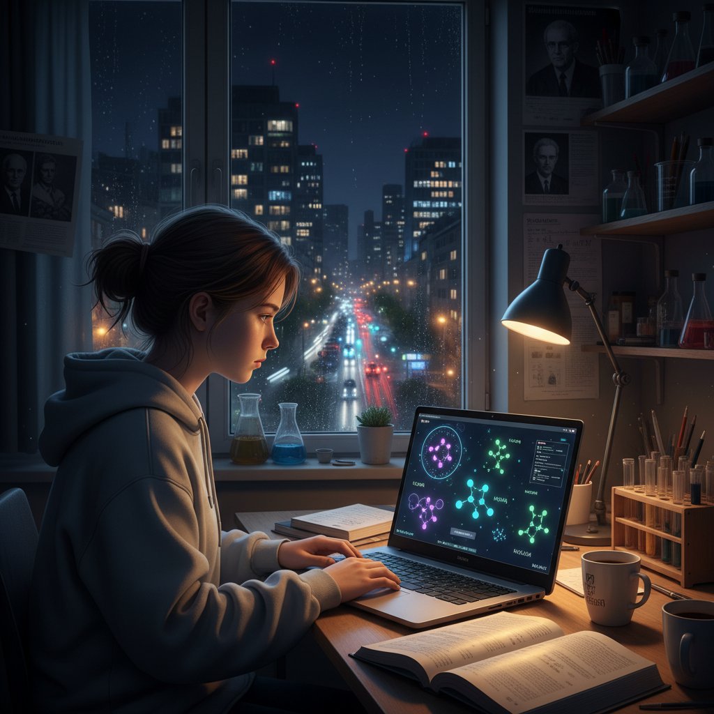 Nastolatek uczy się chemii na laptopie z wizualizacjami wzorów i cząsteczek na ekranie w klimatycznym pokoju
