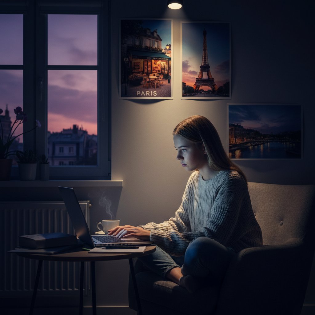 Polski uczeń uczy się francuskiego online przy biurku, z plakatami Paryża w tle, surowy klimat, wieczorne światło