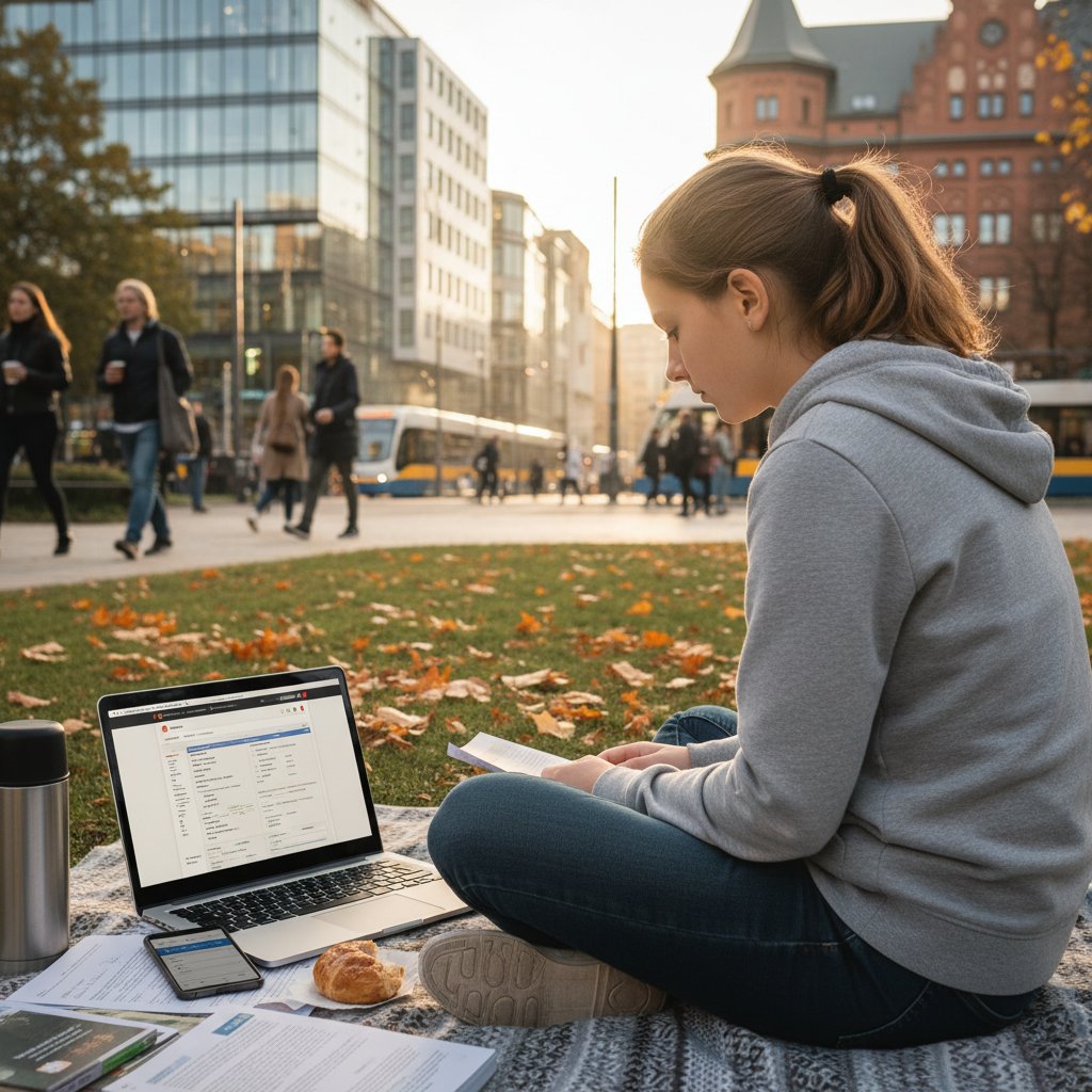 Nastolatek analizujący platformy do nauki niemieckiego, telefon i laptop, autentyczna codzienność