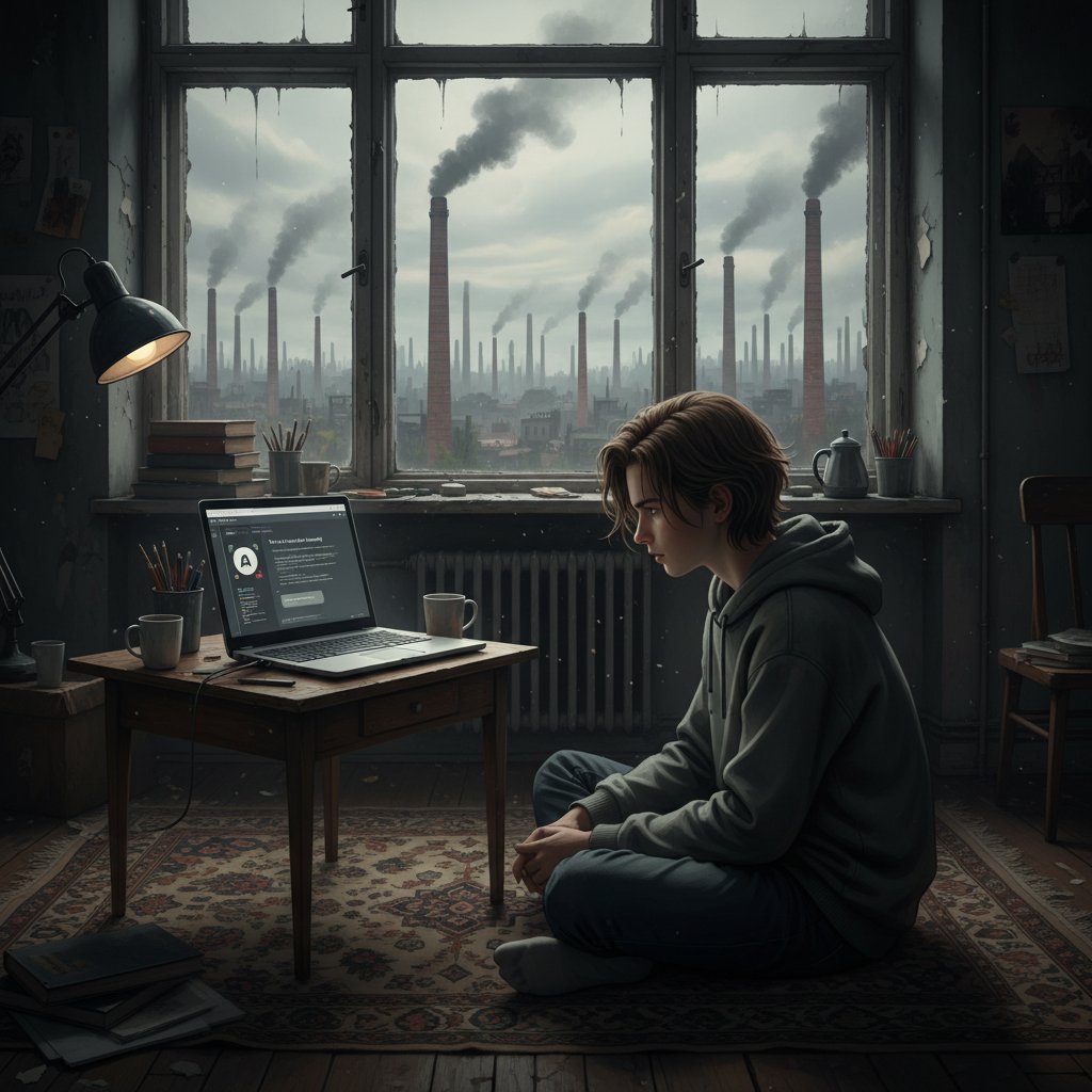 Nastolatek z Bytomia podczas nauki online w mieszkaniu z widokiem na miasto i kominem