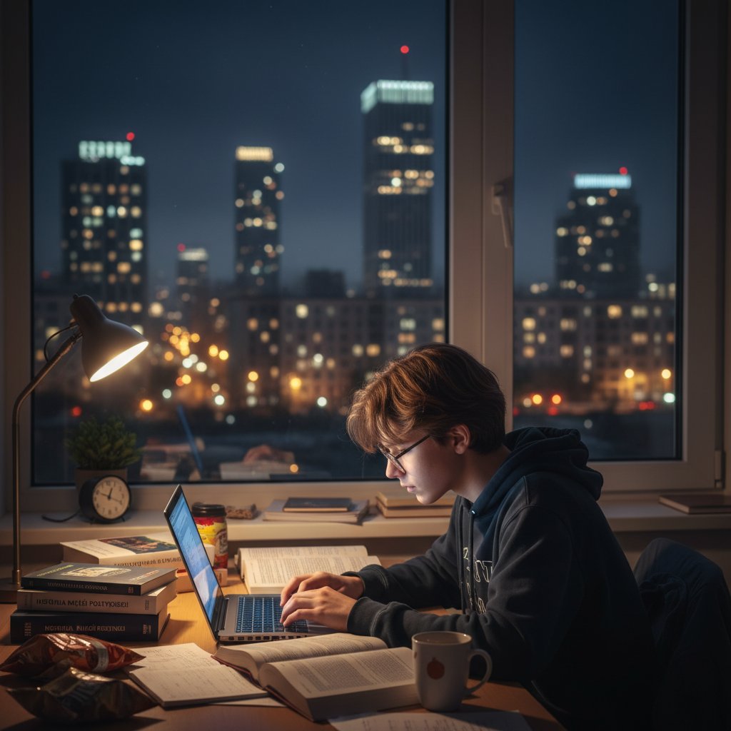 Nastolatek uczy się WOS online, w nocy, przy laptopie z książkami o polityce