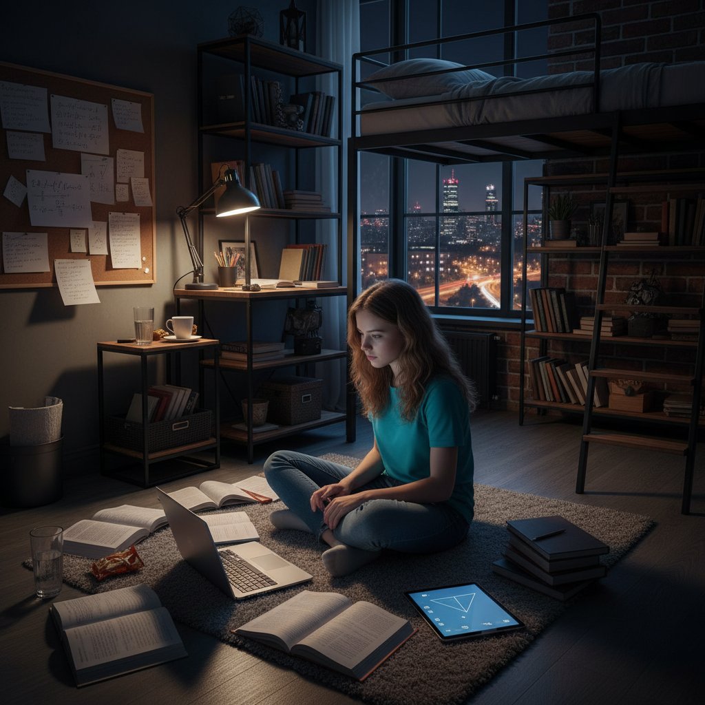 Uczeń liceum zdeterminowany do nauki matematyki online, laptop, notatki, wieczorem