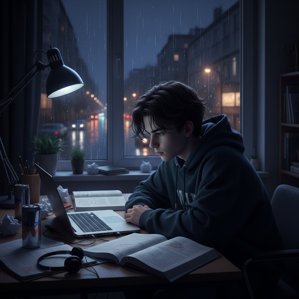 Nastolatek uczy się matematyki online, otoczony symbolami matematycznymi, w nastrojowym, miejskim wnętrzu