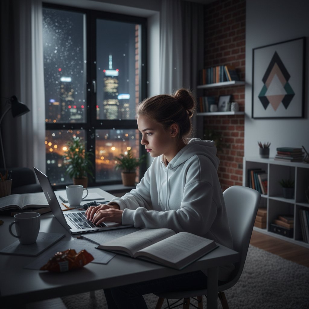 Nocna nauka matematyki rozszerzonej przez ucznia liceum z laptopem i papierami