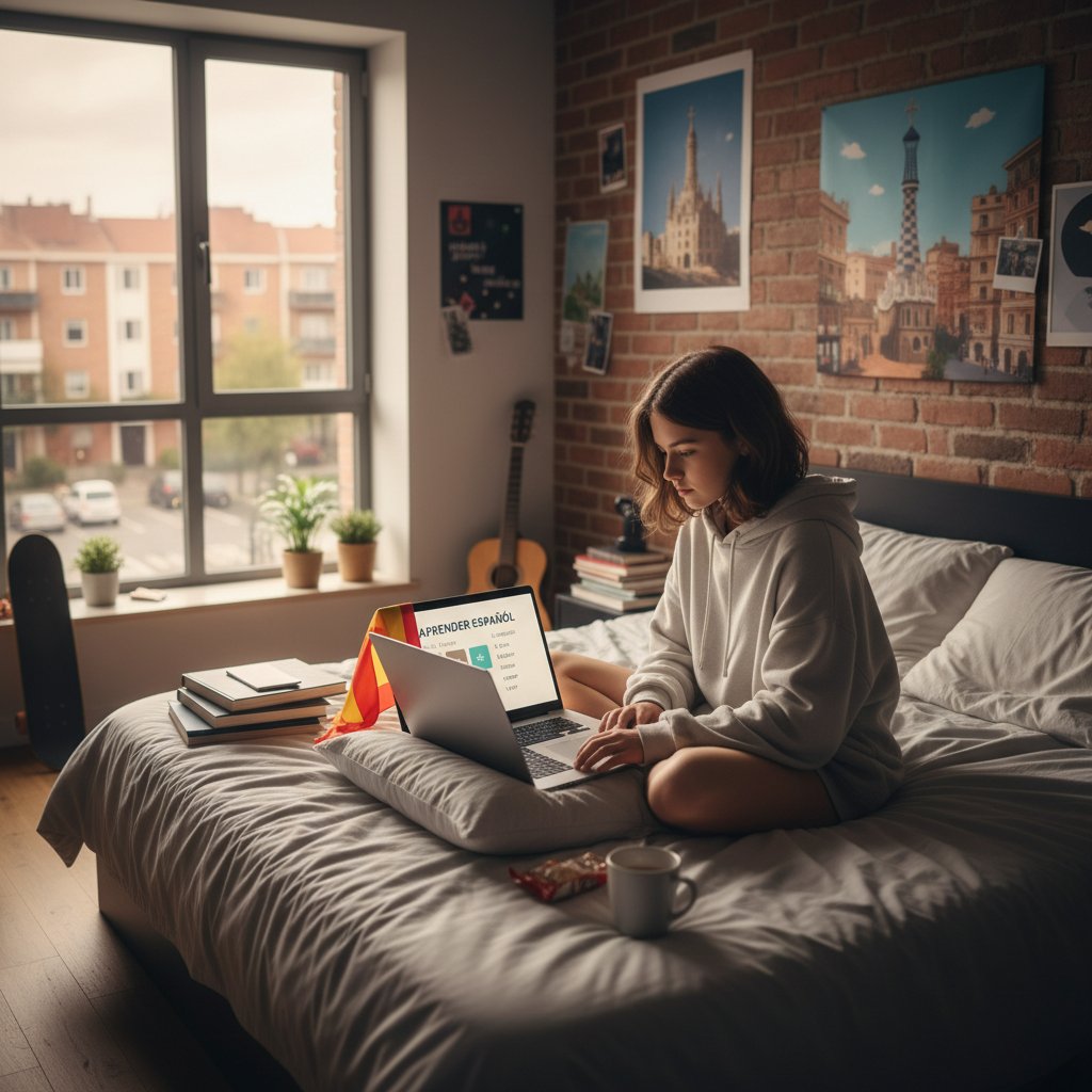 Polski uczeń technikum uczy się hiszpańskiego online z laptopem, hiszpańska flaga w tle, motywacja i sprzęt szkolny