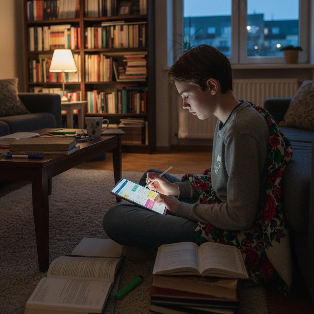 Nastolatek uczący się na tablecie podczas wieczoru w polskim mieszkaniu, otaczają go cyfrowe notatki i książki