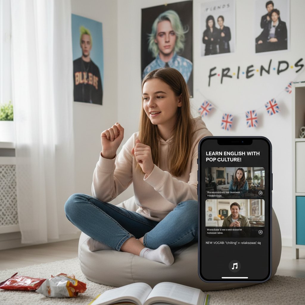 Nastolatek oglądający TikTok na telefonie, śmieje się, nauka angielskiego przez popkulturę