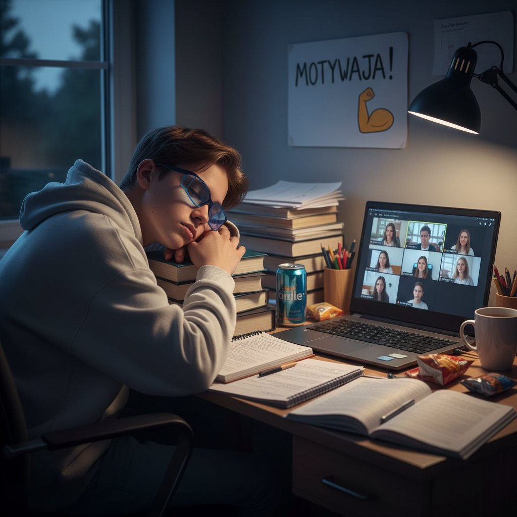 Samotny nastolatek przy biurku, znużony patrzy w ekran laptopa podczas nauki online