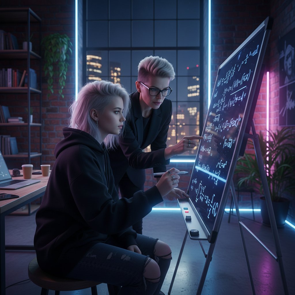 Nastolatek i korepetytor przy intensywnej pracy nad tablicą online z matematycznymi wzorami