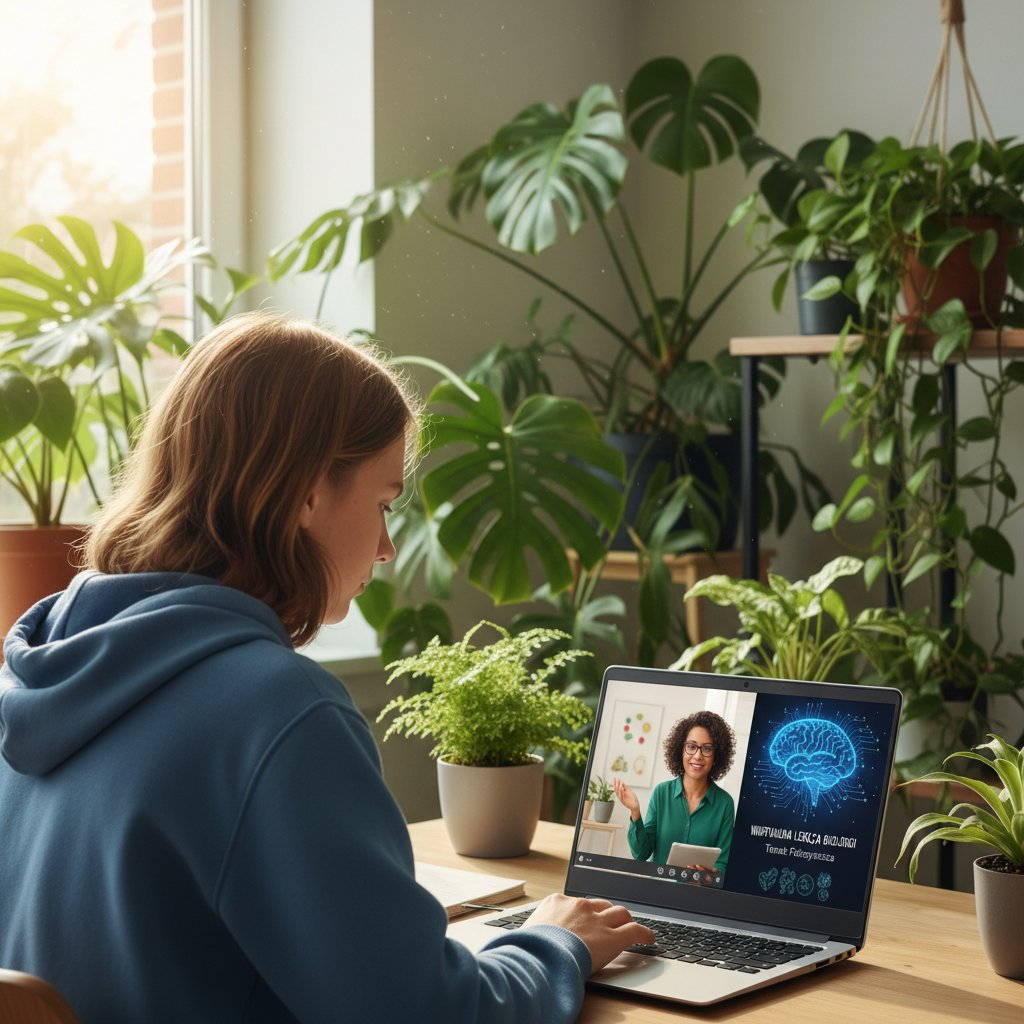 Polska nastolatka podczas wirtualnej lekcji biologii, ekran laptopa, nauczyciel i AI, rośliny w tle