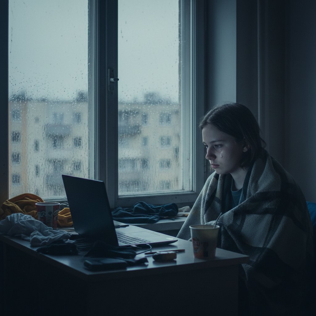 Zbliżenie na polskiego nastolatka patrzącego smutno przez okno, laptop w tle, symbol izolacji w nauce online