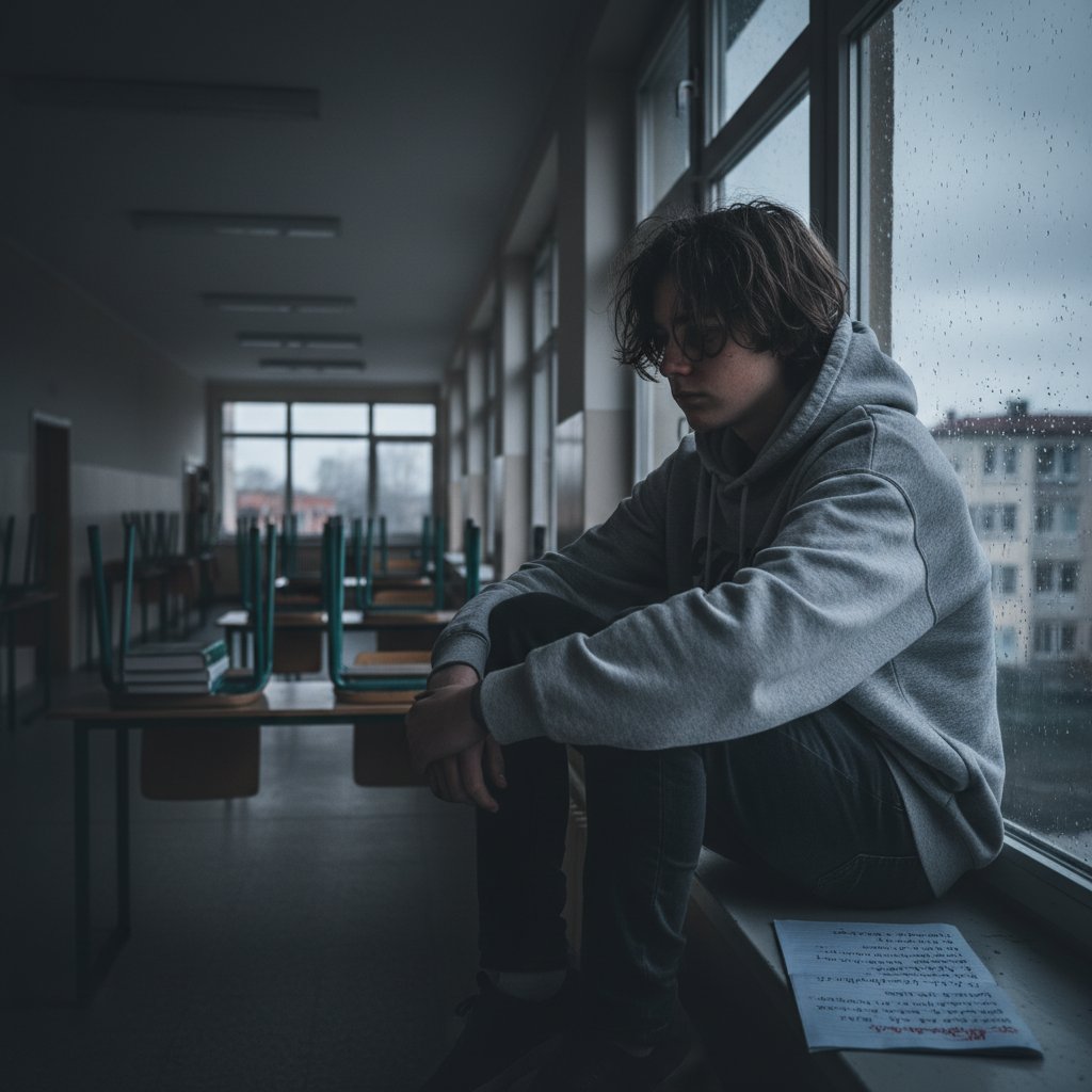 Nastolatek patrzący przez okno w szkole, depresja dziecięca, samotność, atmosfera smutku