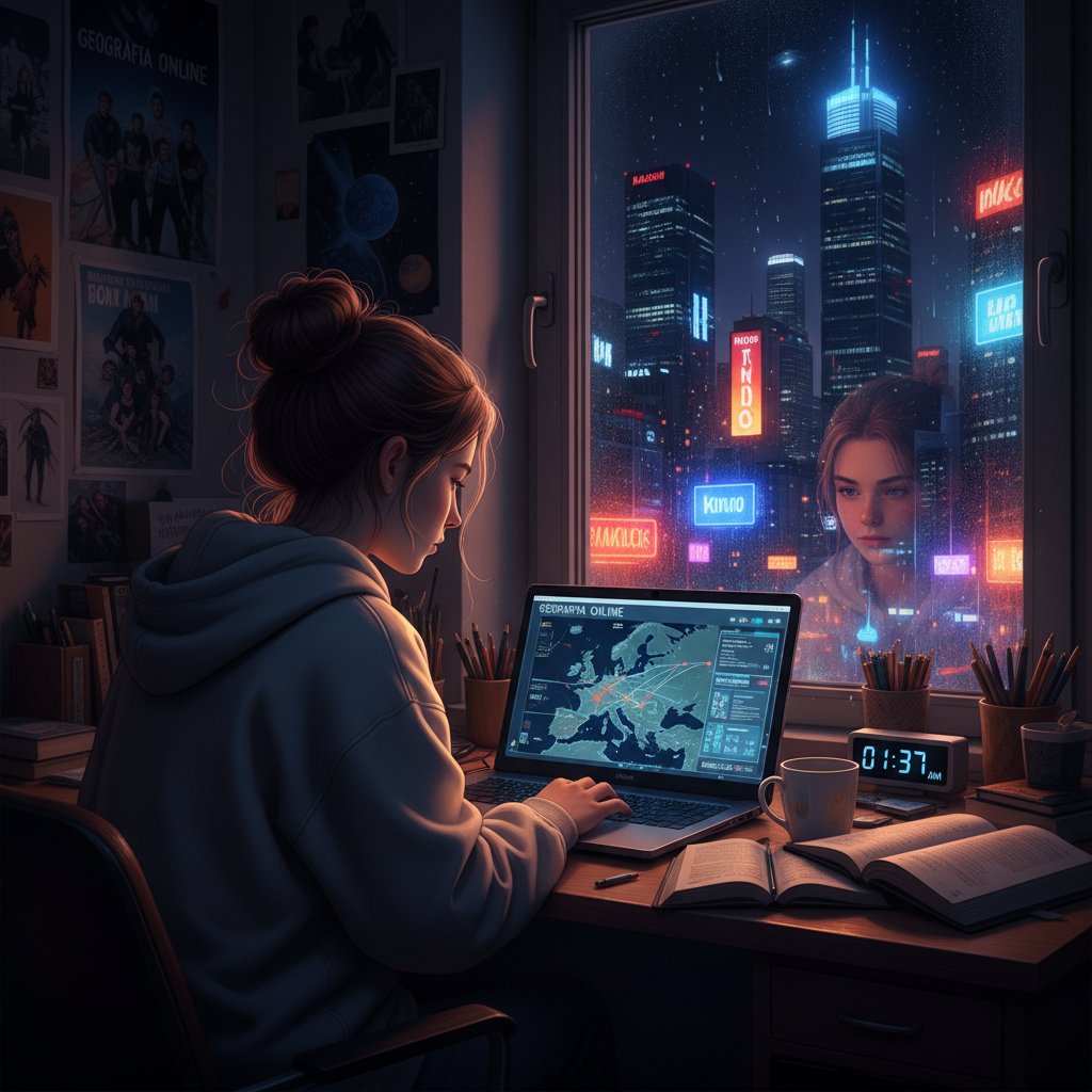 Polski nastolatek uczy się geografii online nocą, skuteczne korepetycje online