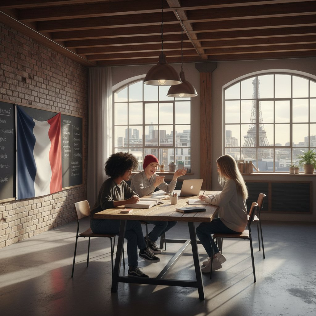 Grupa młodzieży uczy się francuskiego online w stylowym lofcie, symbole Francji w tle