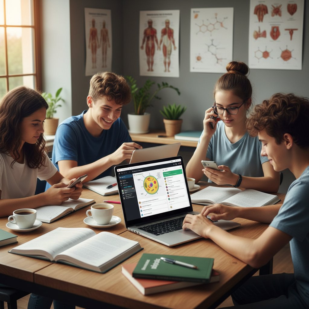 Grupa polskich nastolatków korzystających z laptopów i smartfonów, rozmawiających o biologii na Discordzie