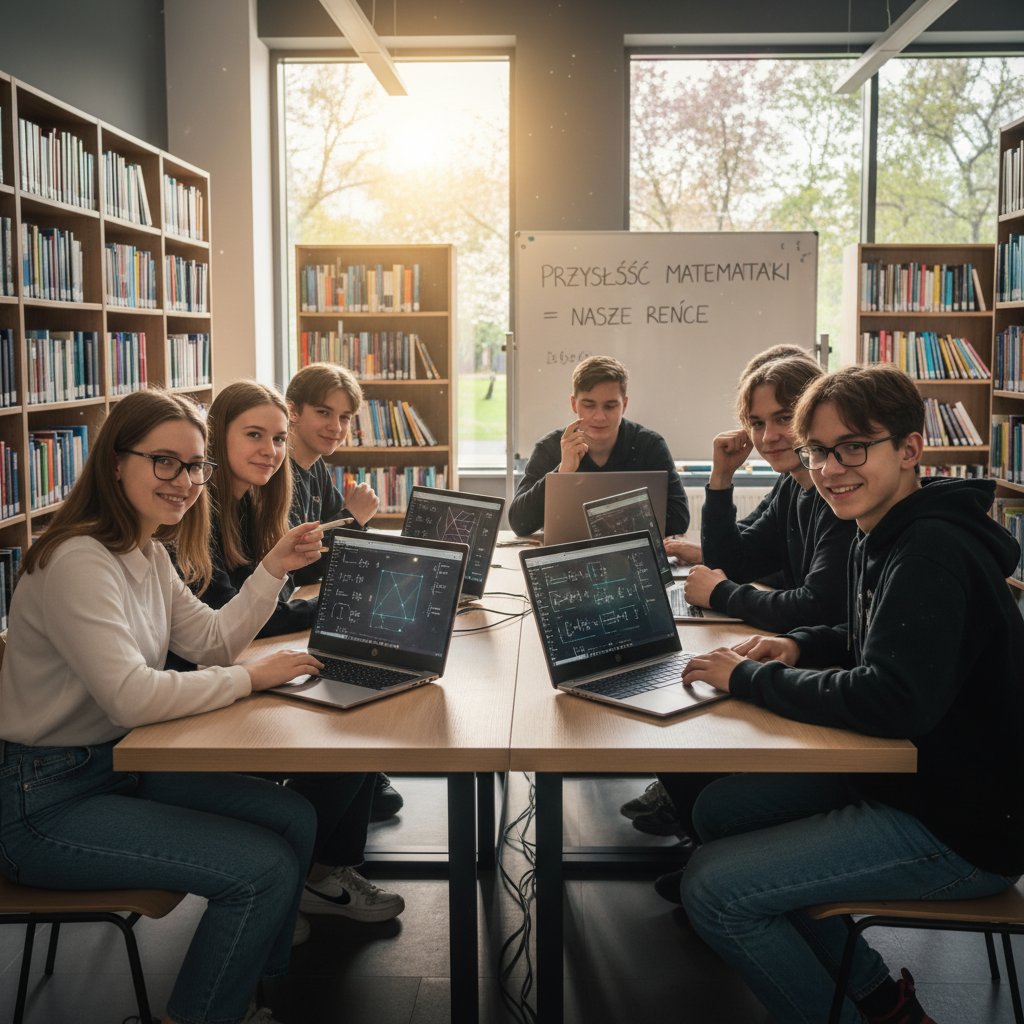 Polscy nastolatkowie uczący się matematyki online, symbole matematyczne na ścianach, nadzieja