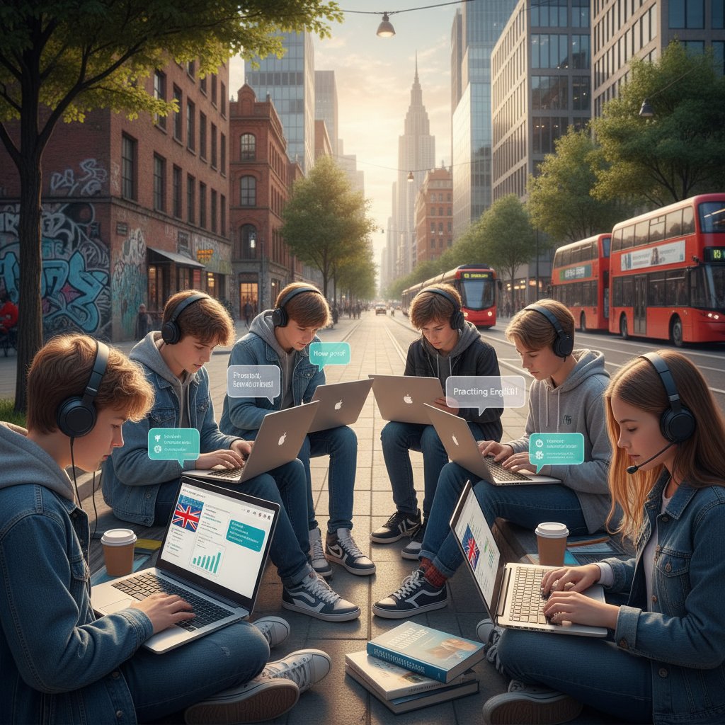 Grupa nastolatków korzystających z laptopów i smartfonów, nauka online