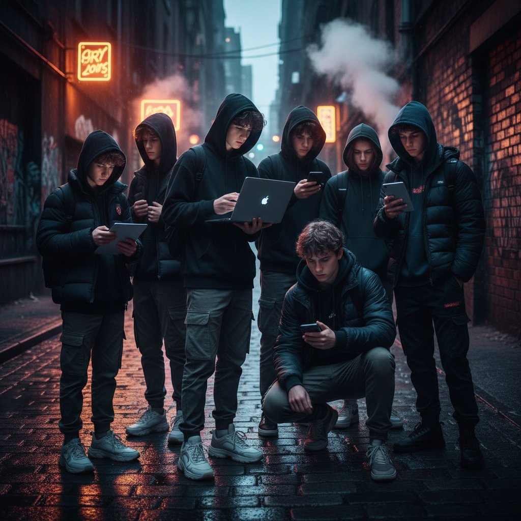 Młodzież ucząca się niemieckiego online w miejskiej przestrzeni, intensywna atmosfera, laptopy i telefony