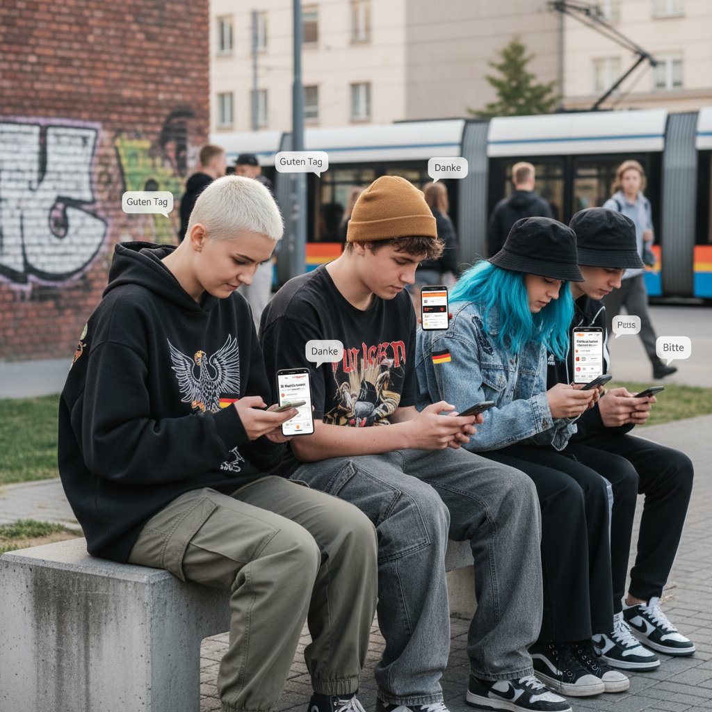 Grupa młodzieży korzystająca z aplikacji do nauki niemieckiego na smartfonach