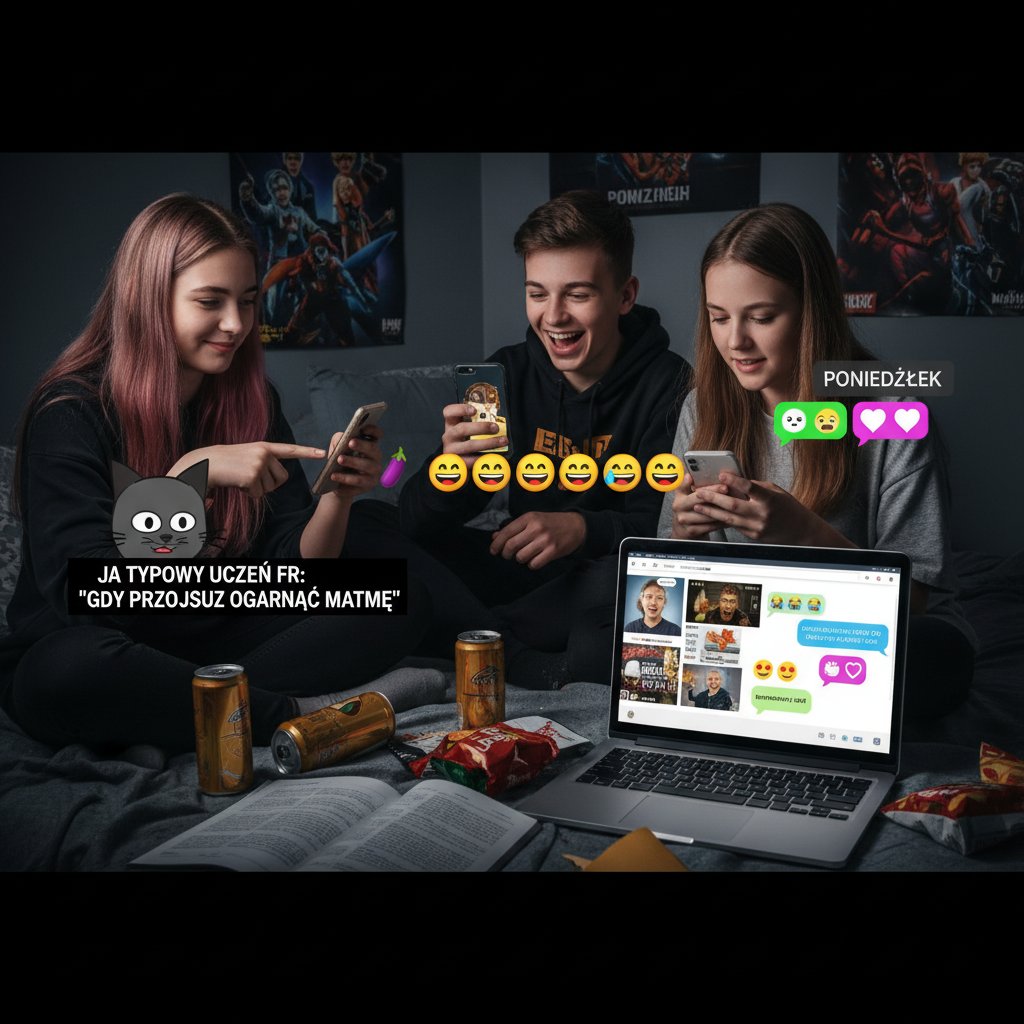 Polska młodzież prowadząca rozmowę online na telefonie, emoji i memy w tle