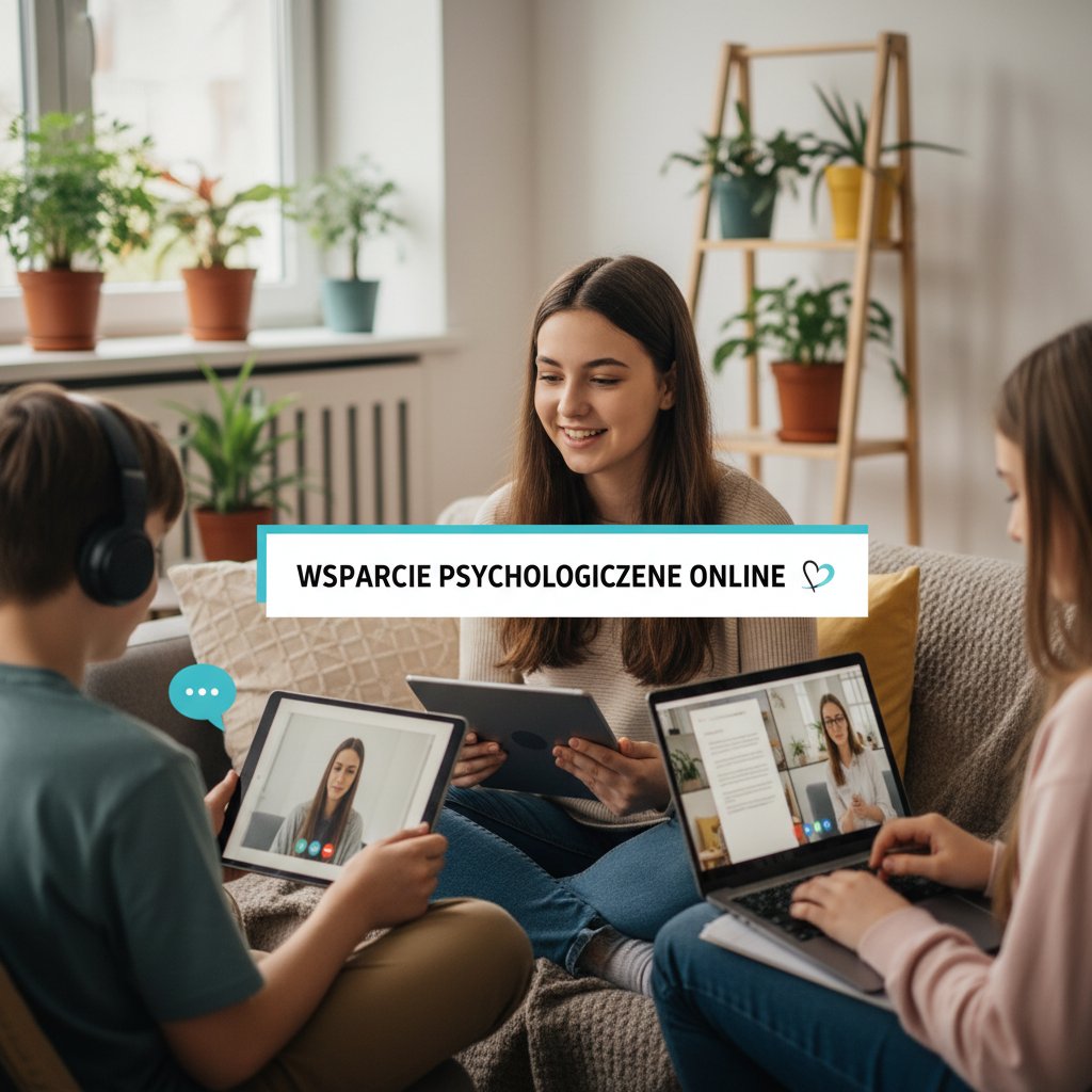 Polskie nastolatki rozmawiające z terapeutą przez wideokonferencję, technologia jako wsparcie psychologiczne