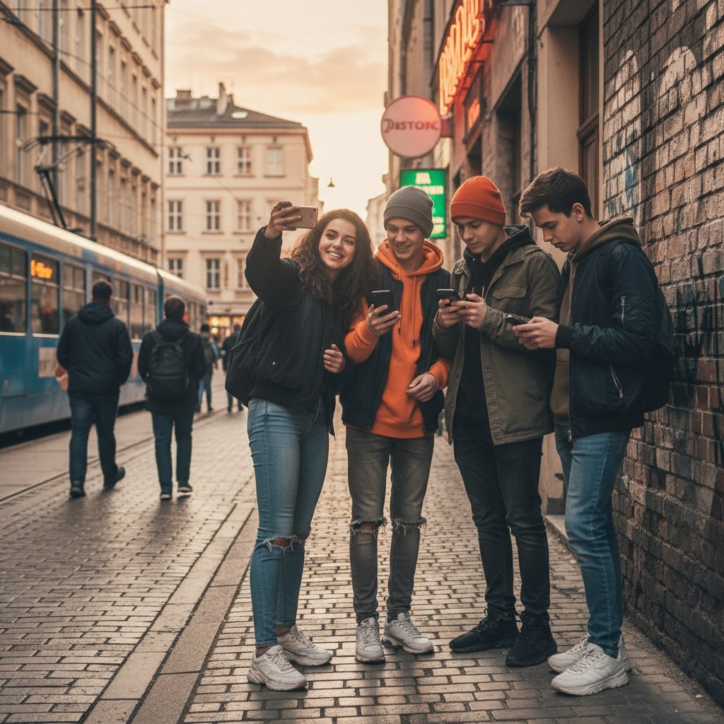 Grupa nastolatków rozmawiających przez smartfony na tle miejskiego krajobrazu