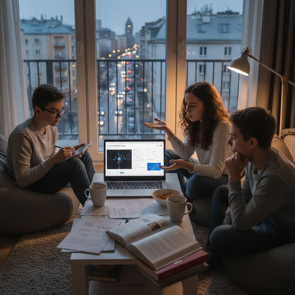 Młodzi ludzie korzystający z laptopów i smartfonów przy nauce fizyki online, atmosfera skupienia