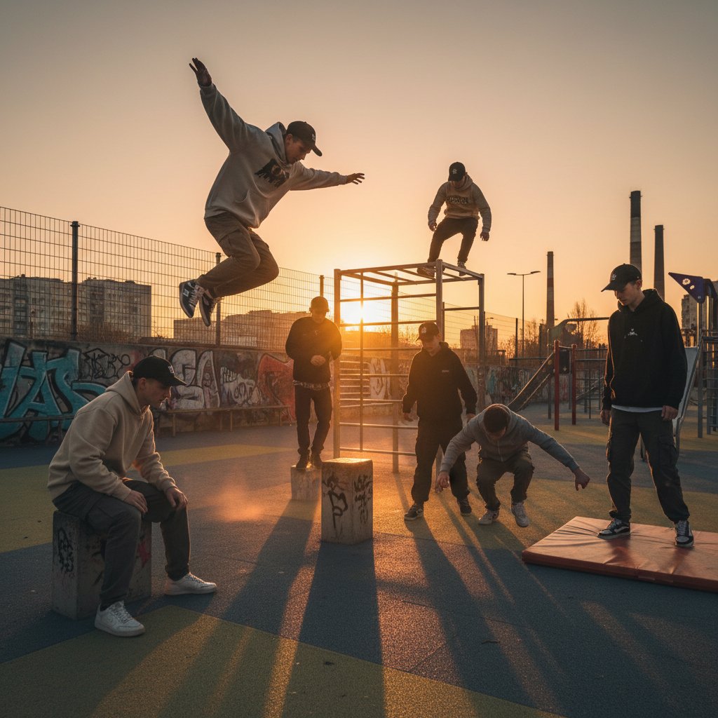 Polscy nastolatkowie ćwiczący na miejskim placu zabaw o zachodzie słońca, energia, ruch, streetwear