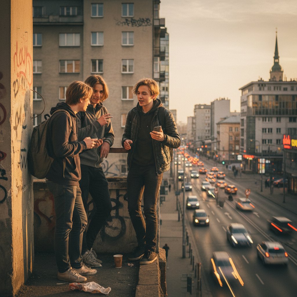 Polscy nastolatkowie w przestrzeni miejskiej, różnorodni, zmęczeni i zamyśleni, zdrowie młodzieży