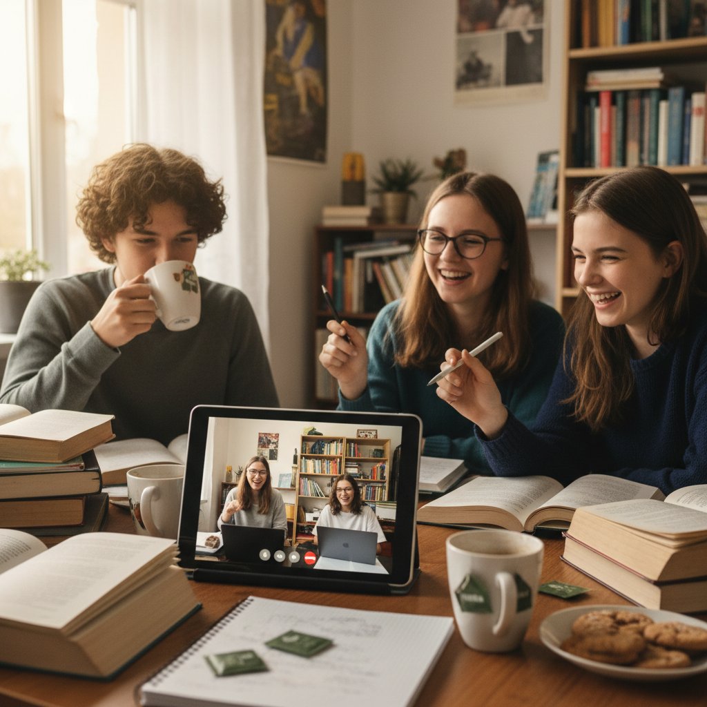 Polscy nastolatkowie na wideoczacie szkolnym, książki i kubki na stole – zdjęcie ilustrujące zdalne życie społeczne