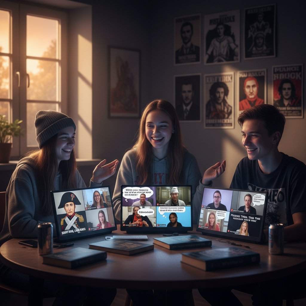 Polscy nastolatkowie dyskutujący o historii nowożytnej przy wirtualnym stole na tle ekranów z memami i dokumentami historycznymi online