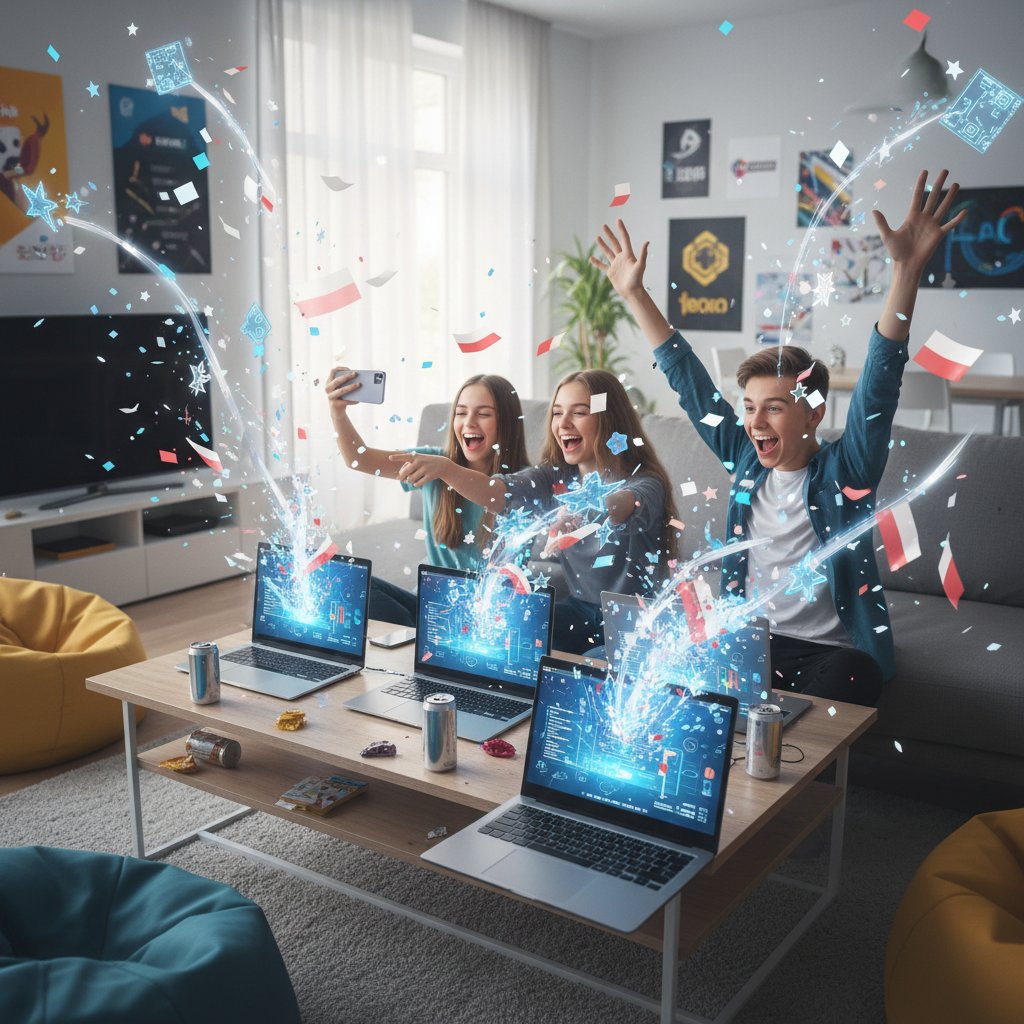 Motywacja i sukces w nauczaniu problemowym online – grupa polskich nastolatków świętuje sukces po projekcie online