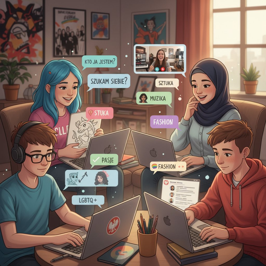 Nastolatkowie rozmawiający na czacie online, odkrywający własną tożsamość, różnorodność stylów i ekspresji