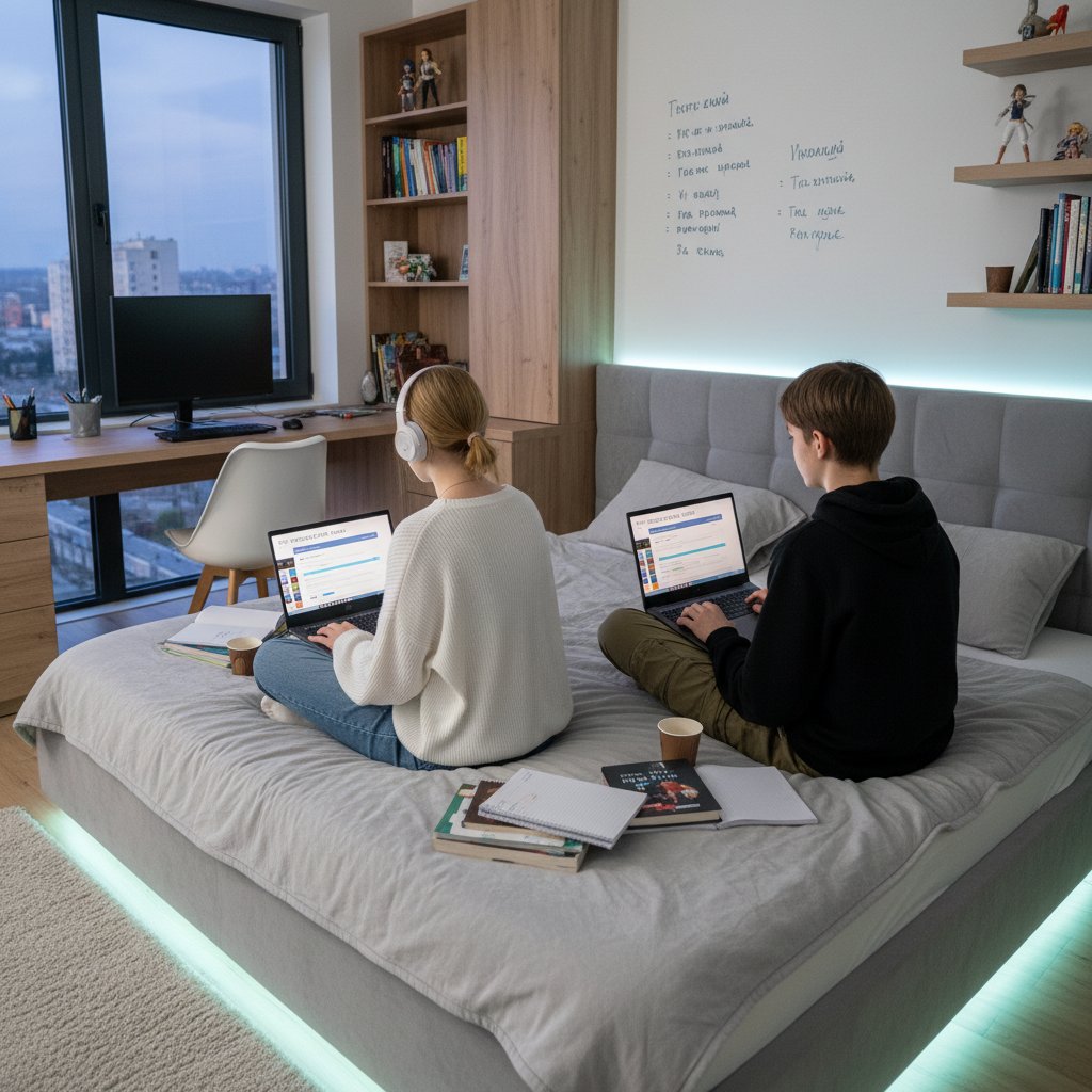 Pięcioro nastolatków z laptopami i smartfonami, uczących się rosyjskiego online, w tętniącym życiem pokoju.