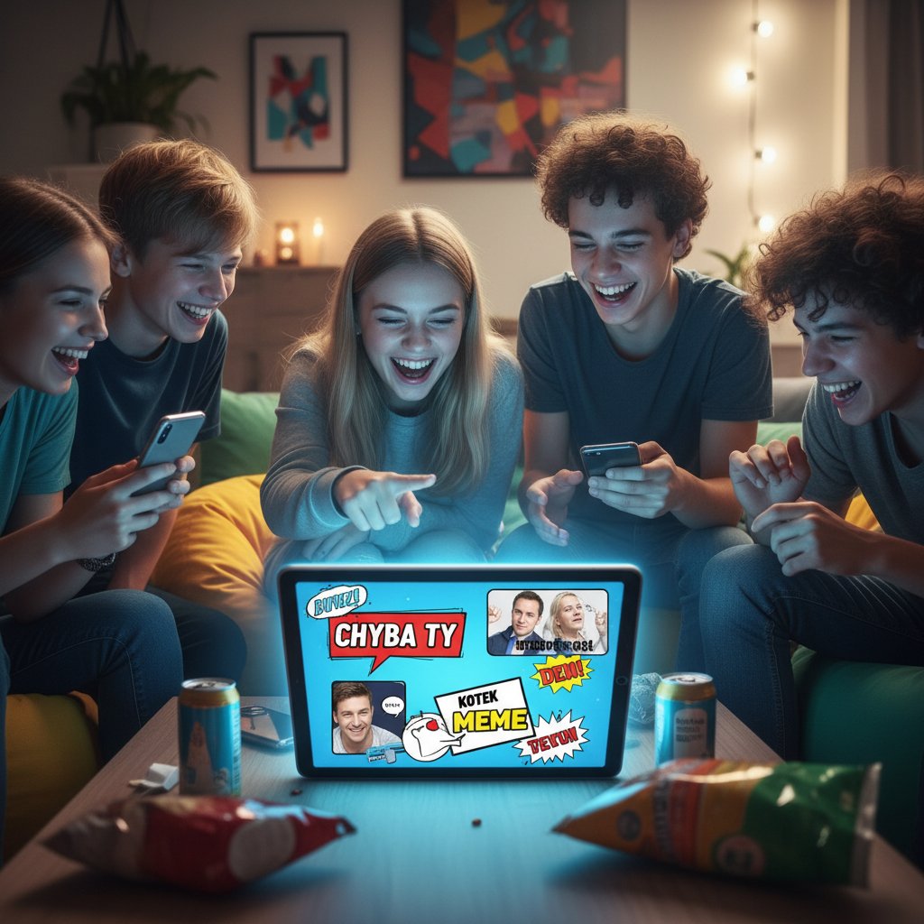 Zabawna scena z młodzieżą wymieniającą się memami na czacie online, dynamiczna atmosfera i śmiech