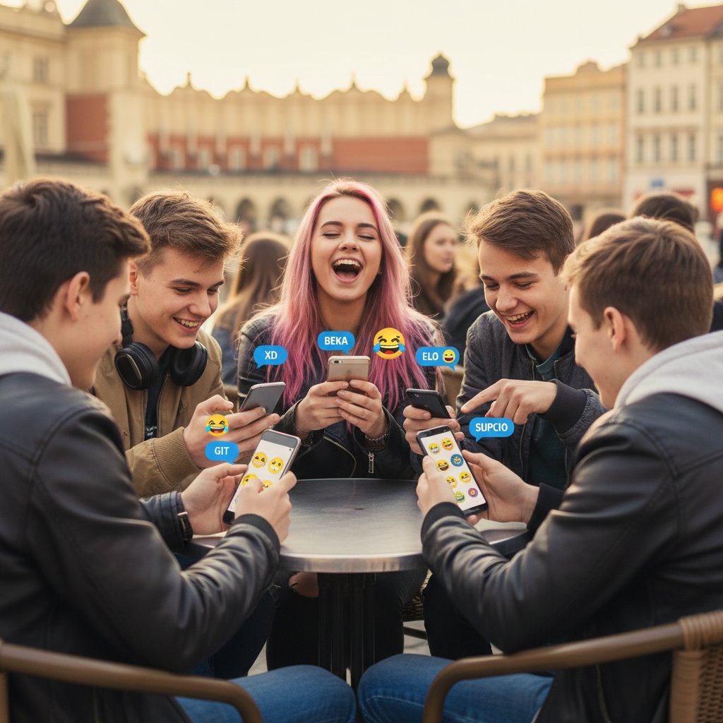 Grupa młodych Polaków śmiejących się nad smartfonami, na ekranach widać polski slang i emotki