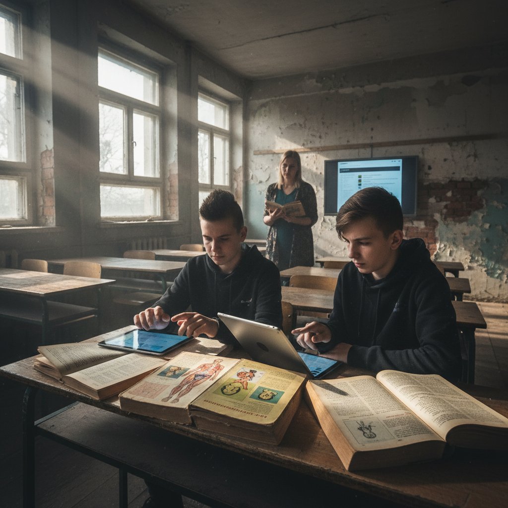 Młodzi ludzie uczący się w klasie, korzystając z tradycyjnych podręczników i nowoczesnych tabletów, napięcie i ciekawość