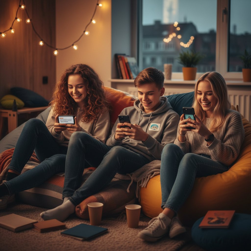 Młodzież rozmawiająca z wirtualnym kumplem AI na smartfonach, atmosfera zabawy i relaksu