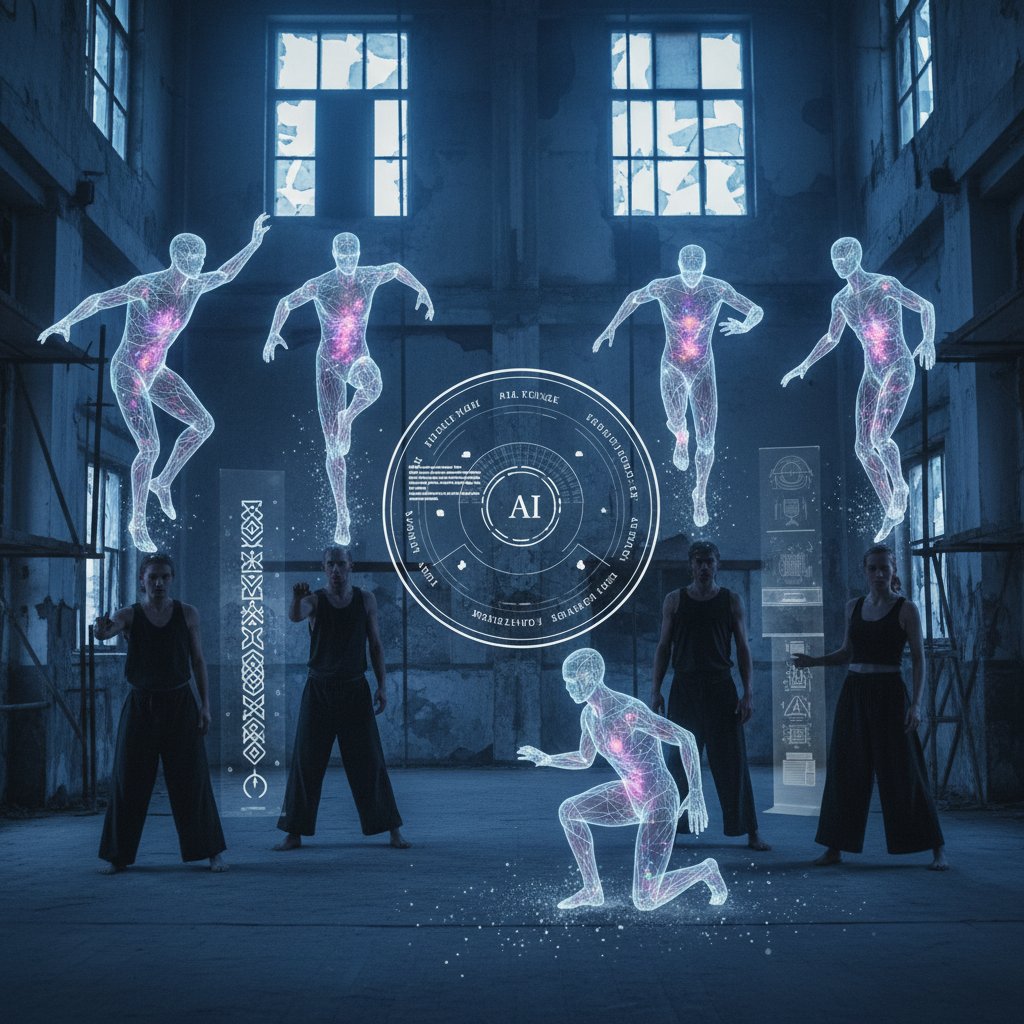 Fotografia polskiej grupy teatralnej korzystającej z AI postaci podczas prób