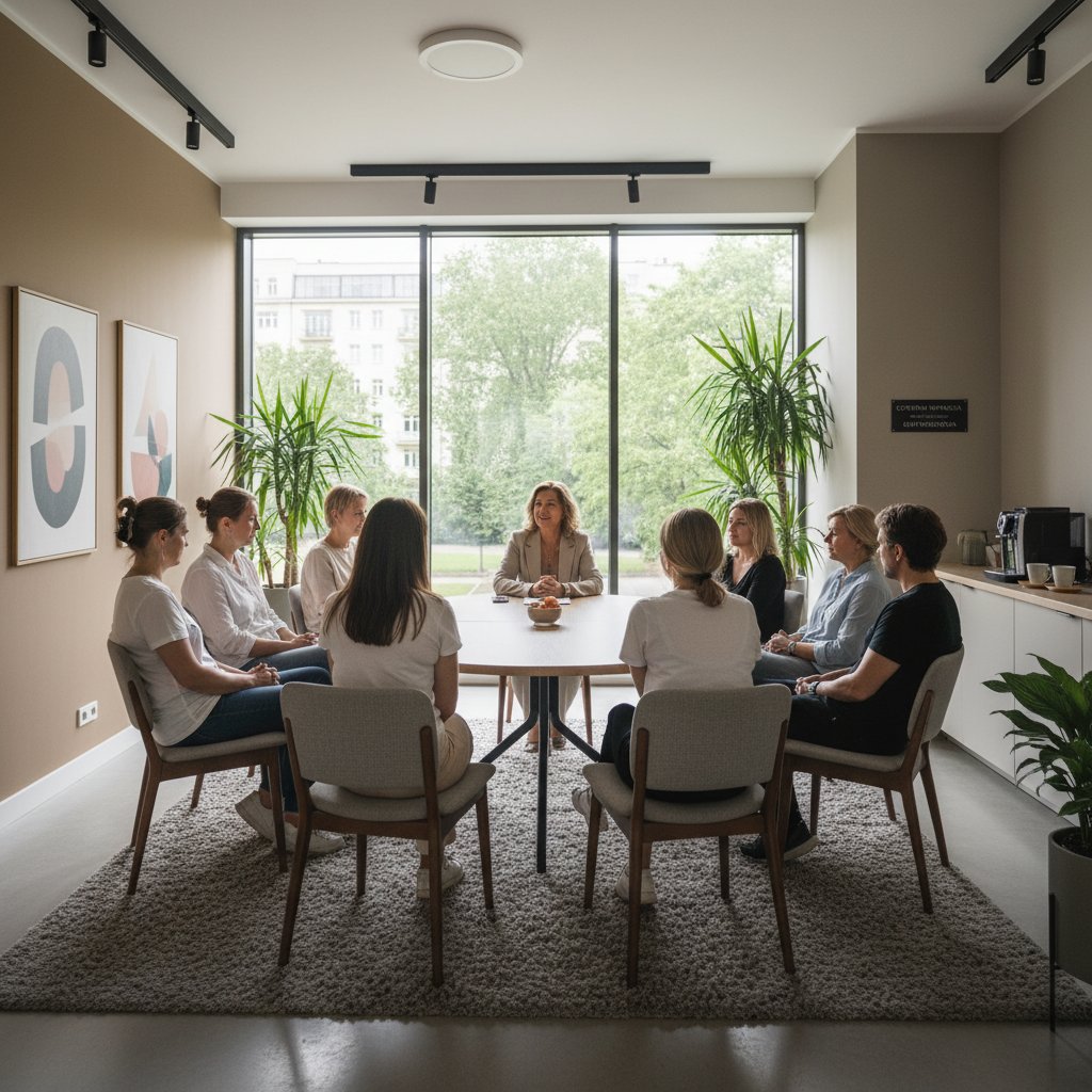 Polska terapeutka prowadzi otwartą grupę wsparcia w nowoczesnej przestrzeni